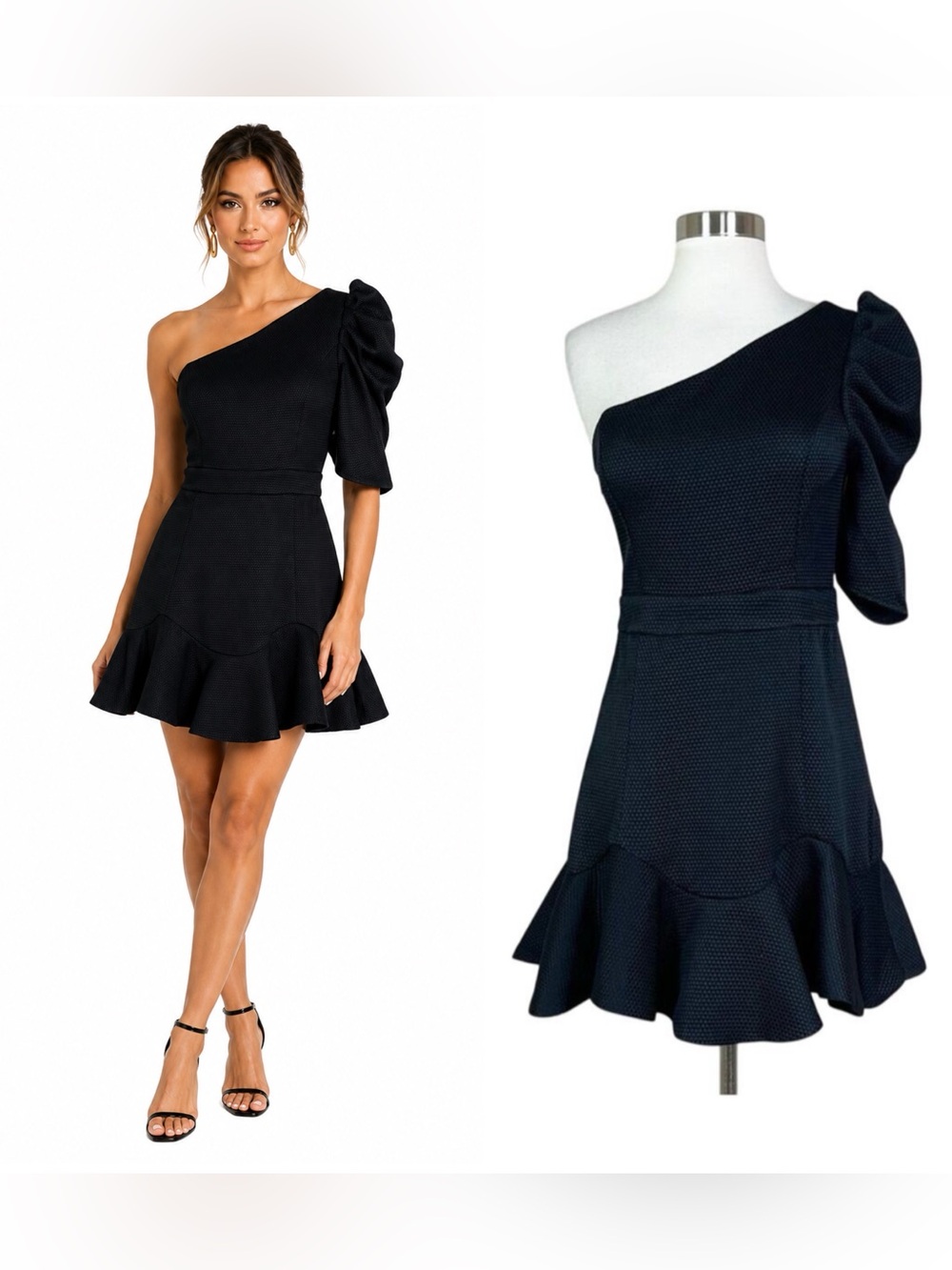 NEW Dao Chloe Dao | Black Puff Sleeve One Shoulder Ruffle Formal Mini Dress S